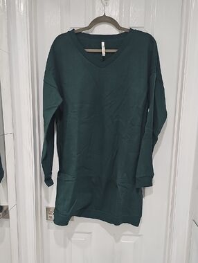 Relaxed V-Neck Longline Sweatshirt With Povkets- Dark Teal